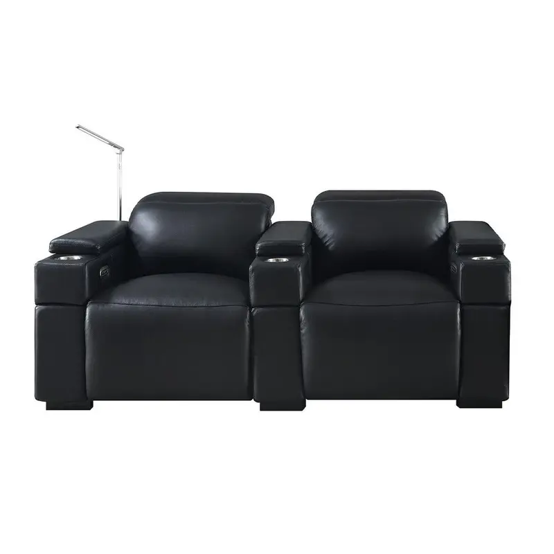 RowOne Calveri Black Leather 2 Chair Straight Row Power Recline