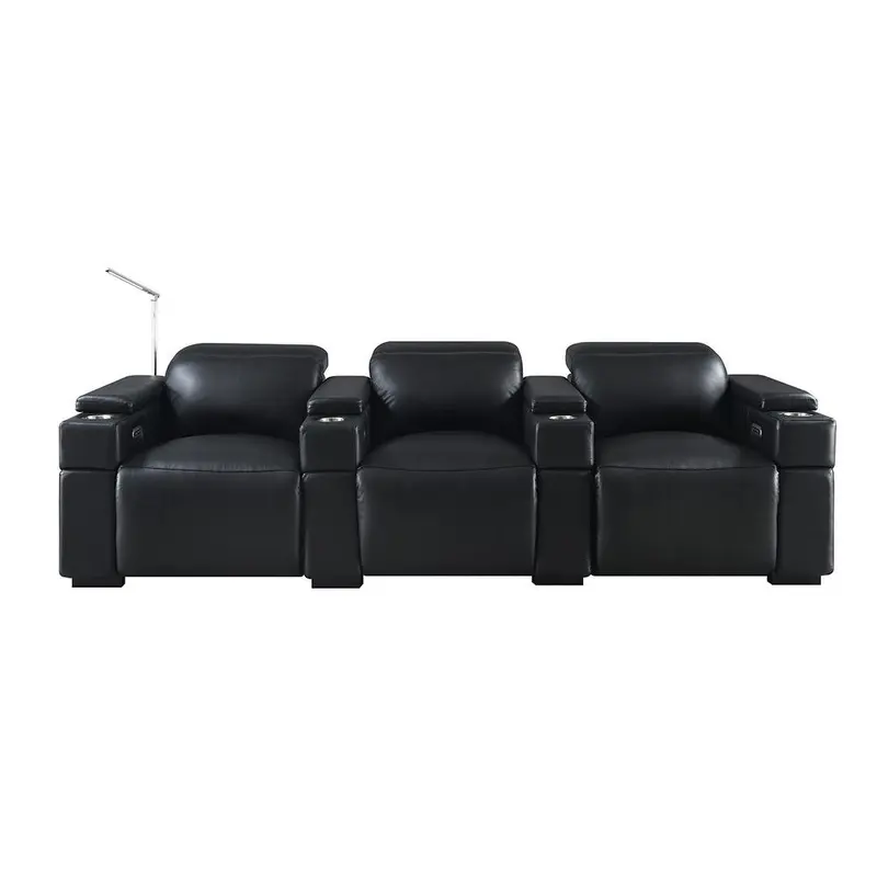 RowOne Calveri Black Leather 3 Chair Straight Row Power Recline
