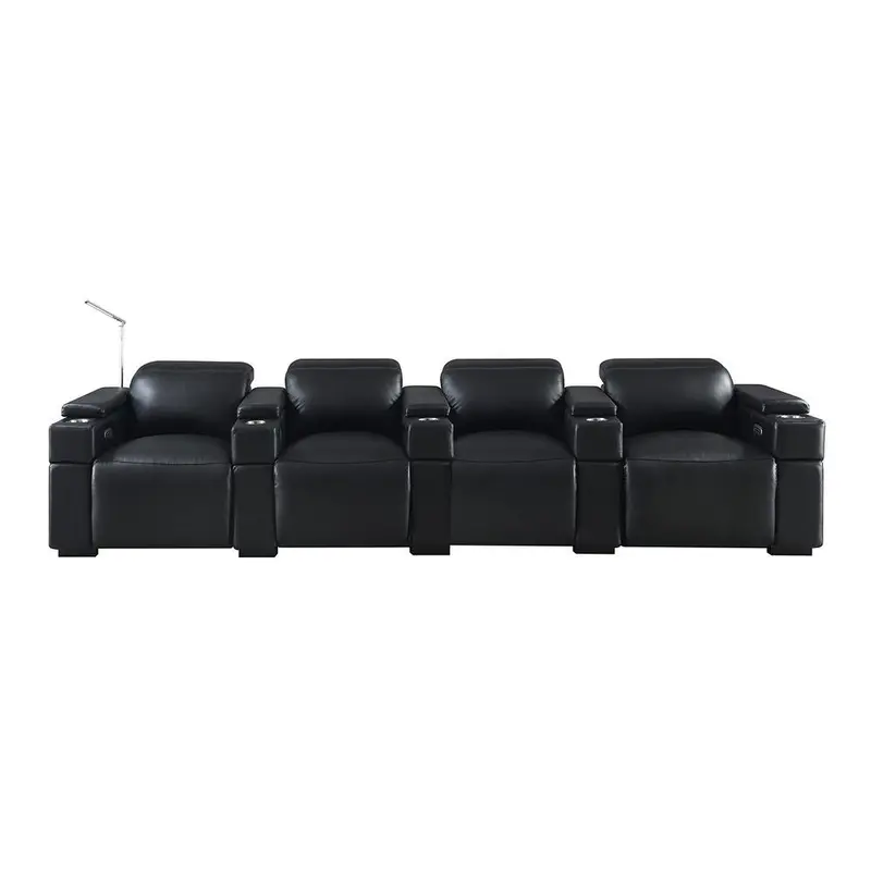 RowOne Calveri Black Leather 4 Chair Straight Row Power Recline