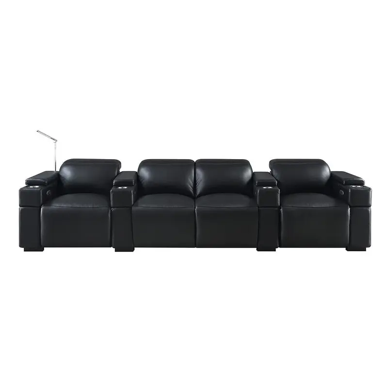 RowOne Calveri Black Leather 4 Chair Straight Row with Loveseat Power Recline