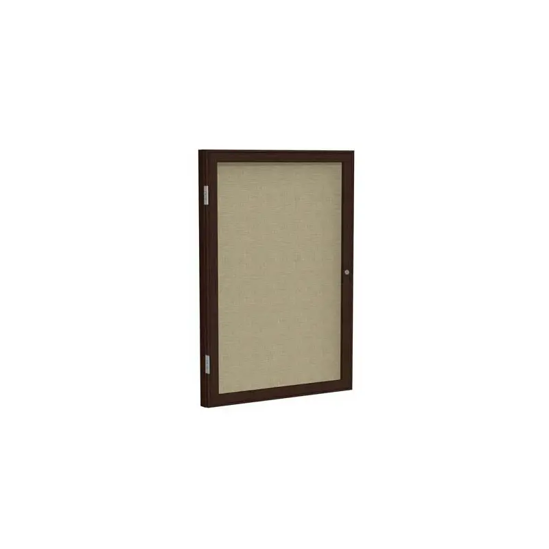 24" x 36" 1-Door Wood Frame Walnut Finish Enclosed Fabric Tackboard - Beige