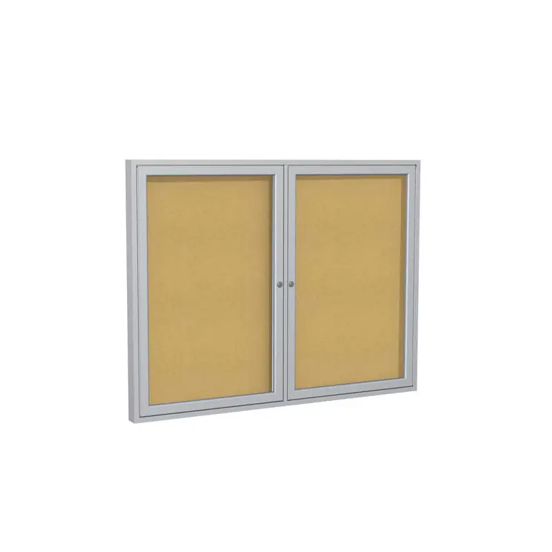 48" x 36" 2-Door Satin Aluminum Frame Enclosed Tackboard - Natural Cork