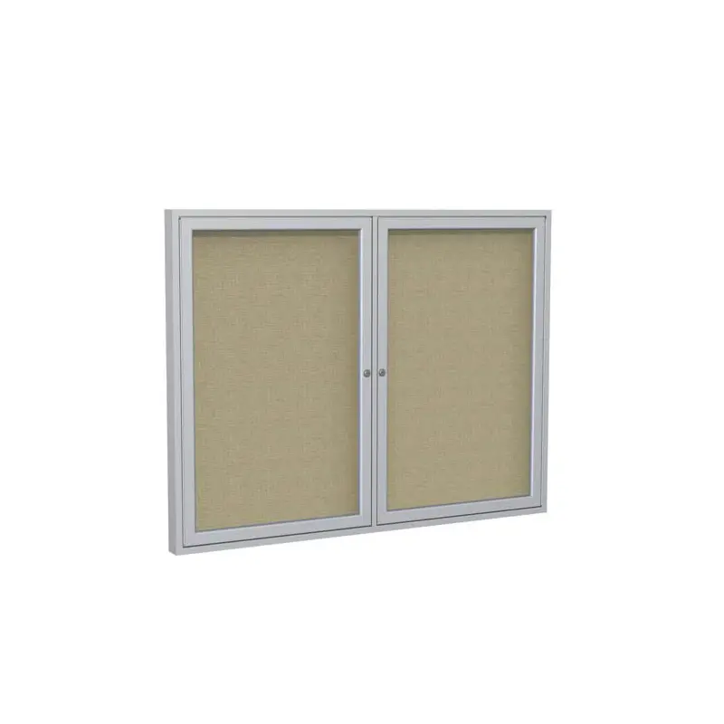 60" x 36" 2-Door Satin Aluminum Frame Enclosed Fabric Tackboard - Beige