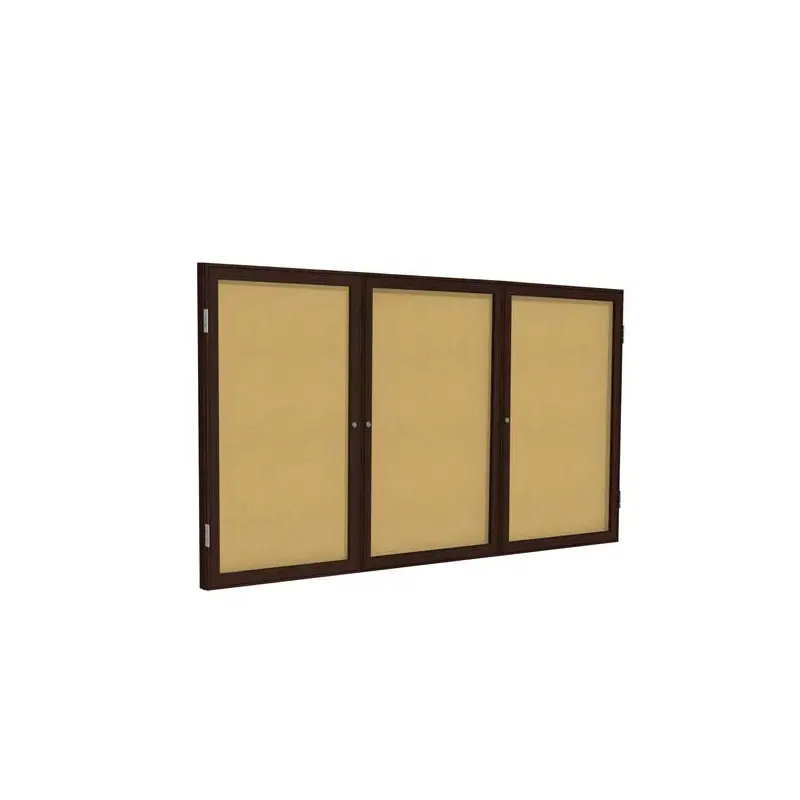 72" x 36" 3-Door Wood Frame Walnut Finish Enclosed Tackboard - Natural Cork