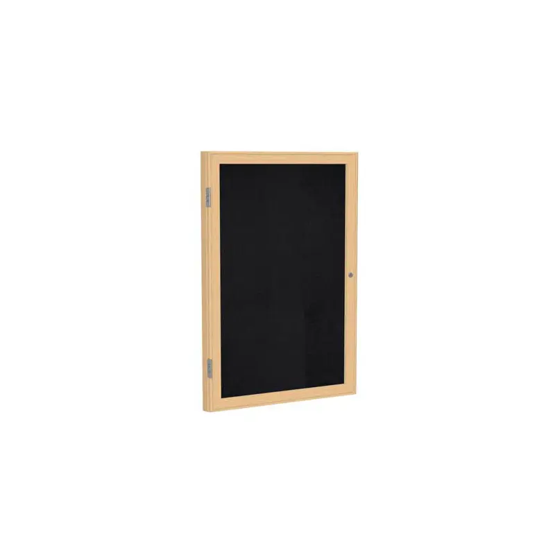 24" x 36" 1-Door Wood Frame Oak Finish Enclosed Recycled Rubber Tackboard - Black