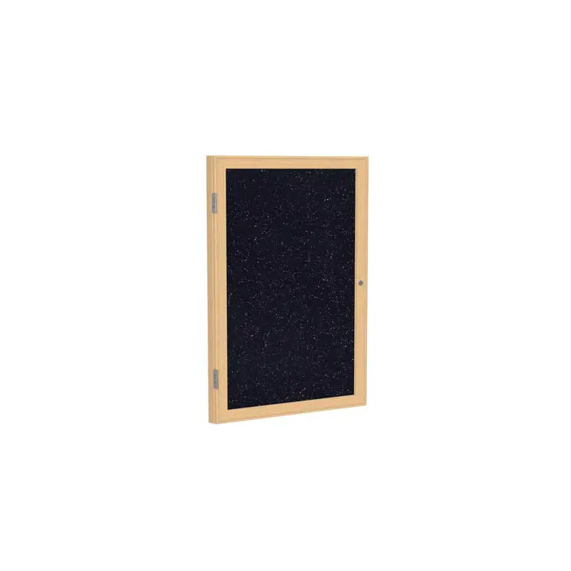 24" x 36" 1-Door Wood Frame Oak Finish Enclosed Recycled Rubber Tackboard - Confetti