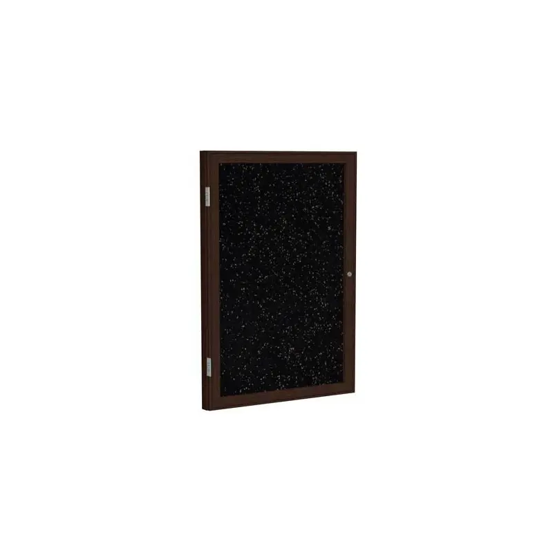 36" x 36" 1-Door Wood Frame Walnut Finish Enclosed Recycled Rubber Tackboard - Tan Speckled