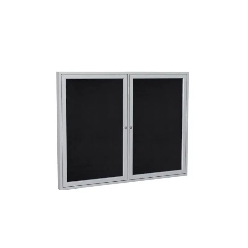 60" x 36" 2-Door Satin Aluminum Frame Enclosed Recycled Rubber Tackboard - Black
