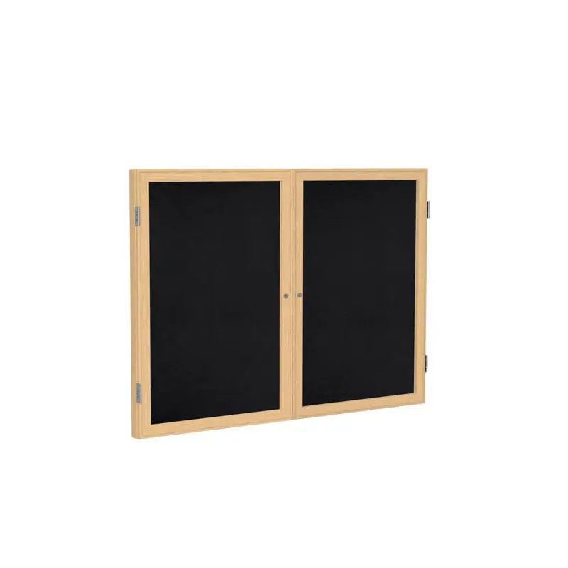 60" x 36" 2-Door Wood Frame Oak Finish Enclosed Recycled Rubber Tackboard - Black