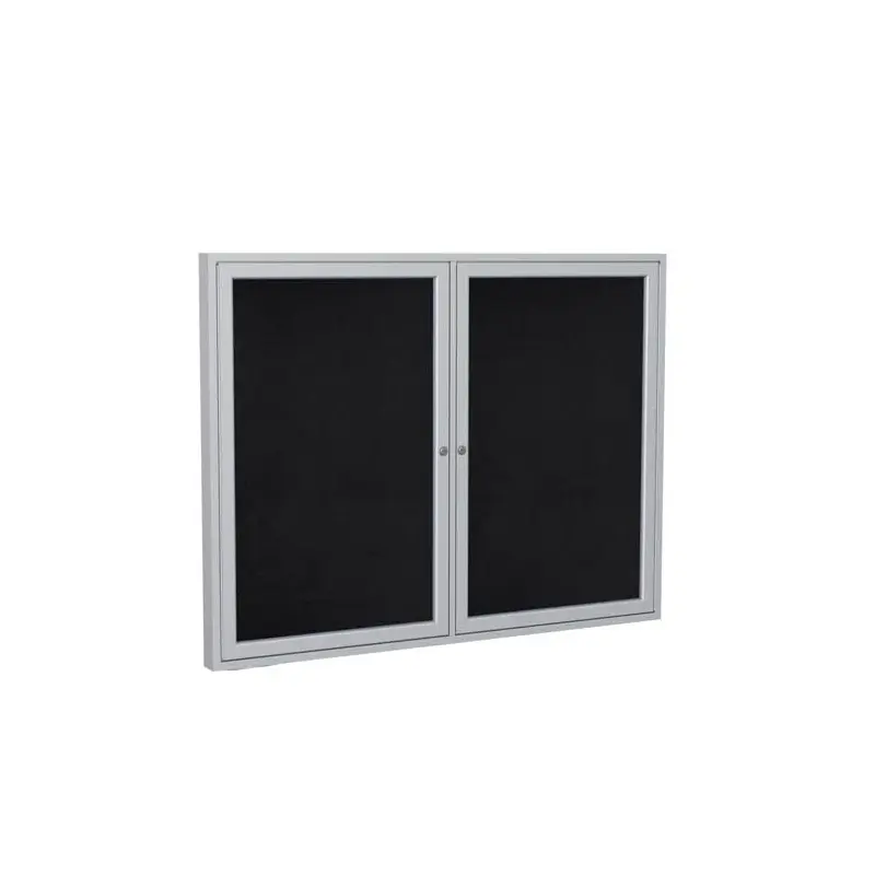 60" x 48" 2-Door Satin Aluminum Frame Enclosed Recycled Rubber Tackboard - Black
