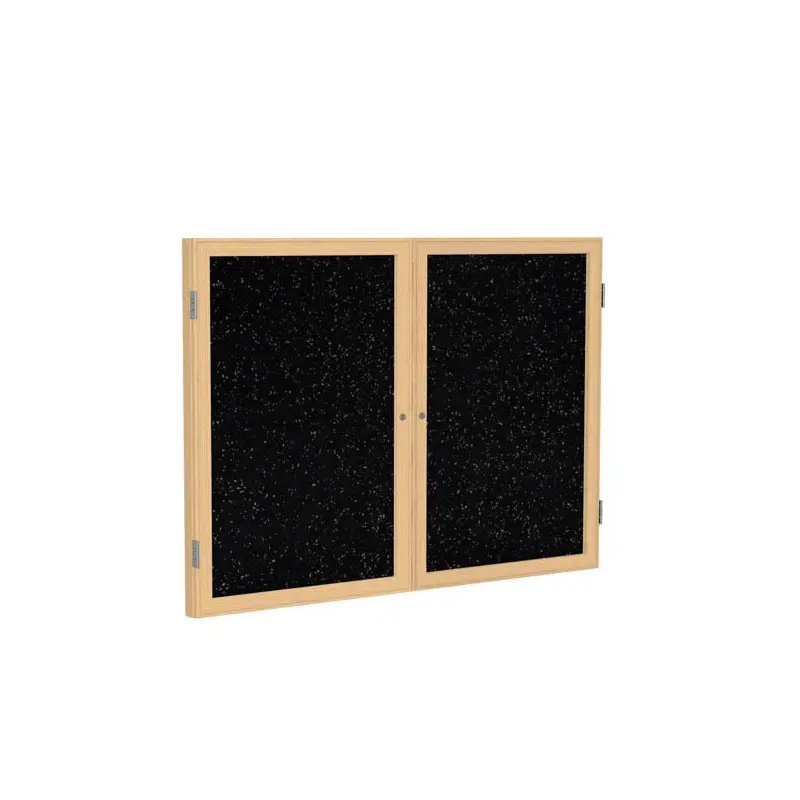 60" x 48" 2-Door Wood Frame Oak Finish Enclosed Recycled Rubber Tackboard - Tan Speckled