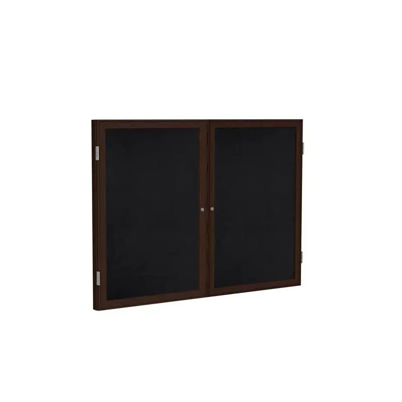 60" x 48" 2-Door Wood Frame Walnut Finish Enclosed Recycled Rubber Tackboard - Black