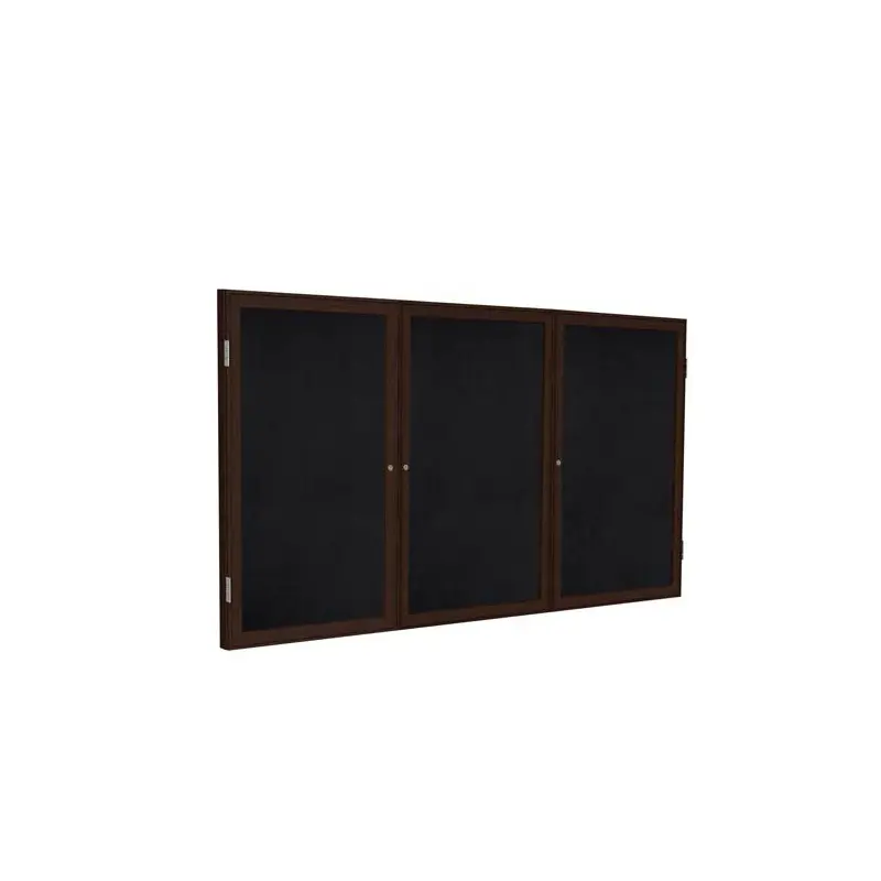 72" x 36" 3-Door Wood Frame Walnut Finish Enclosed Recycled Rubber Tackboard - Black