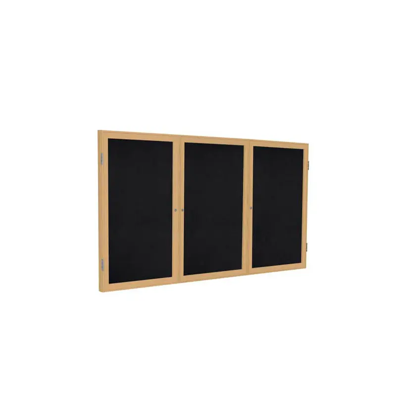 72" x 48" 3-Door Wood Frame Oak Finish Enclosed Recycled Rubber Tackboard - Black