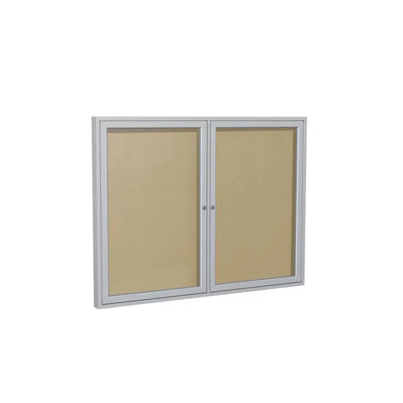 60" x 36" 2-Door Satin Aluminum Frame Enclosed Vinyl Tackboard - Caramel