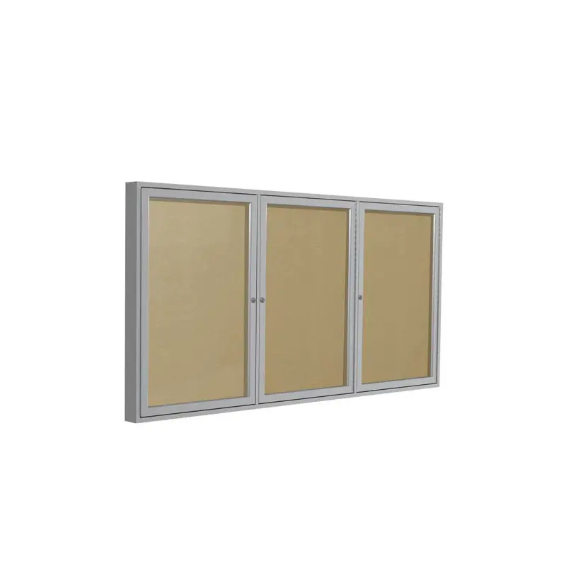72" x 36" 3-Door Satin Aluminum Frame Enclosed Vinyl Tackboard - Caramel