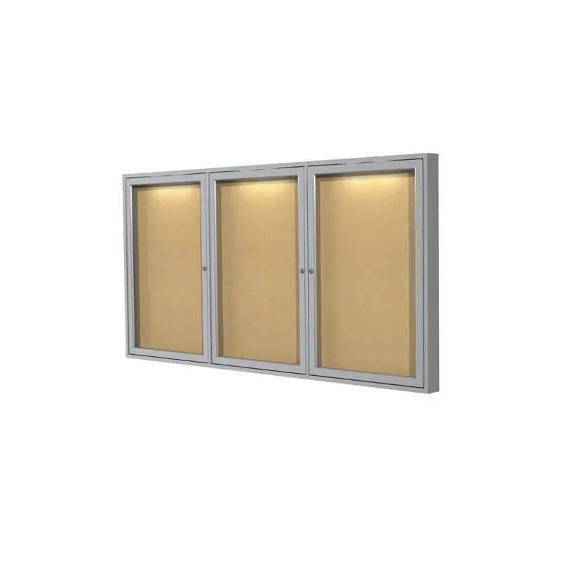 96" x 48" 3-Door Aluminum Frame Enclosed Natural Cork Tackboard w/ Concealed Lighting