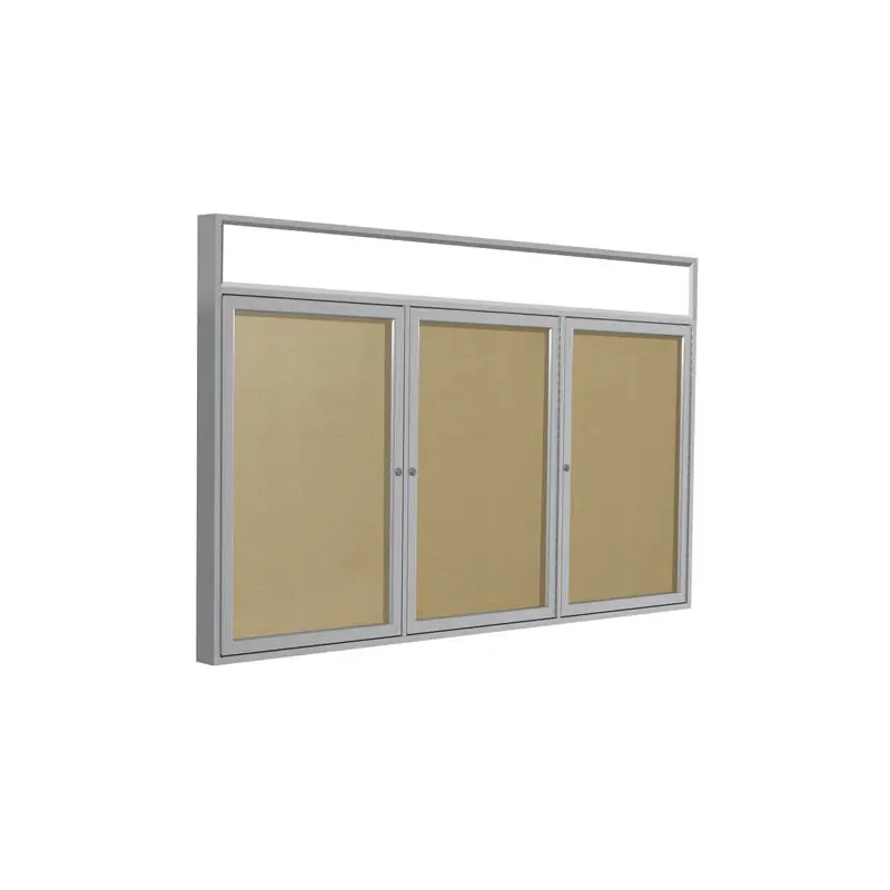 96" x 48" 3-Door Satin Alum Frame w/ Headliner Enclosed Vinyl Tackboard - Caramel