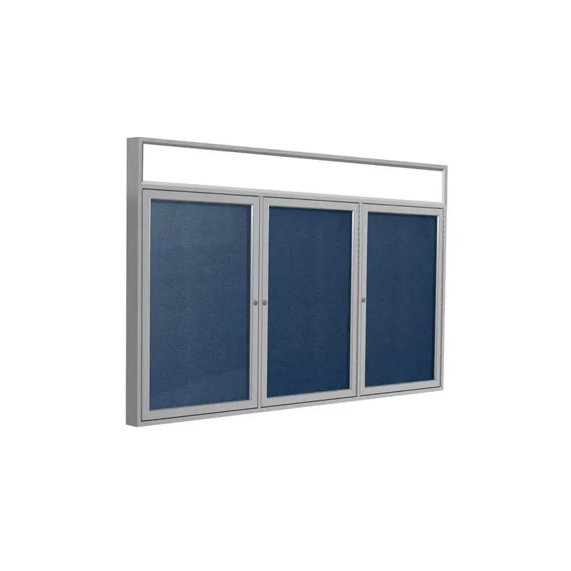 96" x 48" 3-Door Satin Alum Frame w/ Headliner Enclosed Vinyl Tackboard - Navy