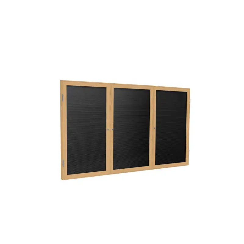 96" x 48" 3-Door Wood Frame Oak Finish Enclosed Flannel Letterboard - Black