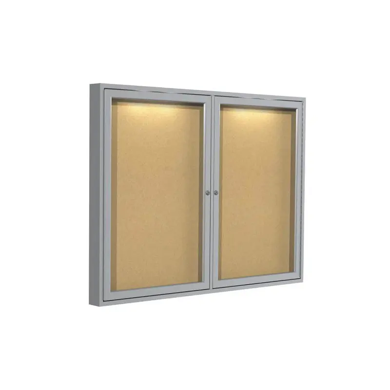 48" x 36" 2-Door Aluminum Frame Enclosed Natural Cork Tackboard w/ Concealed Lighting