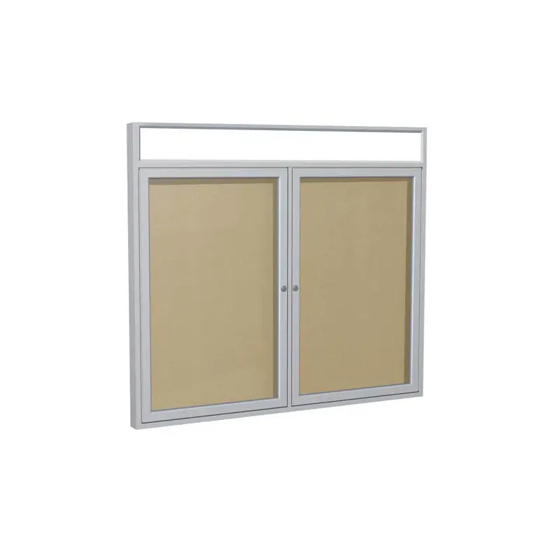 60" x 36" 2-Door Satin Alum Frame w/Illuminated Headliner Enclsd Vinyl Tackboard - Caramel