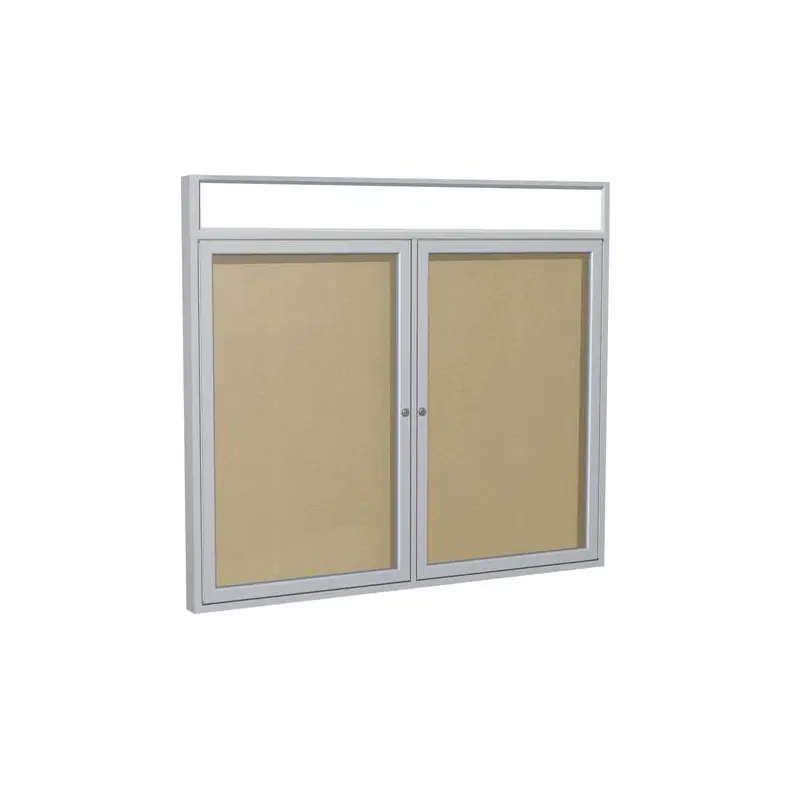60" x 48" 2-Door Satin Alum Frame w/ Headliner Enclosed Vinyl Tackboard - Caramel