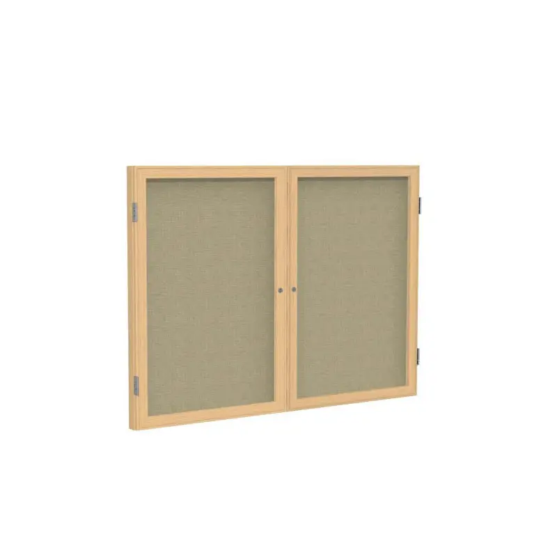 60" x 48" 2-Door Wood Frame Oak Finish Enclosed Fabric Tackboard - Beige
