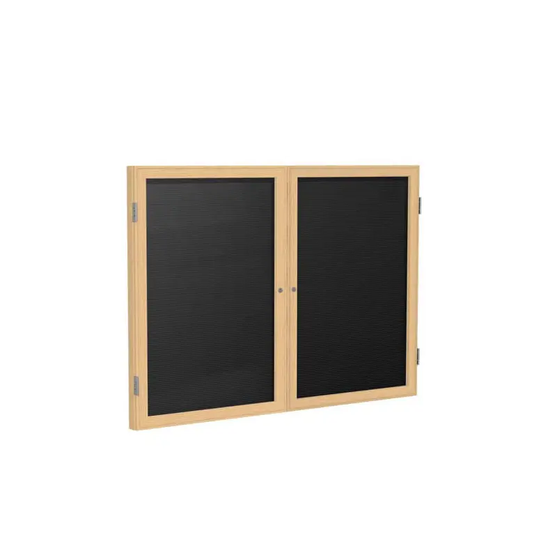 60" x 48" 2-Door Wood Frame Oak Finish Enclosed Flannel Letterboard - Black