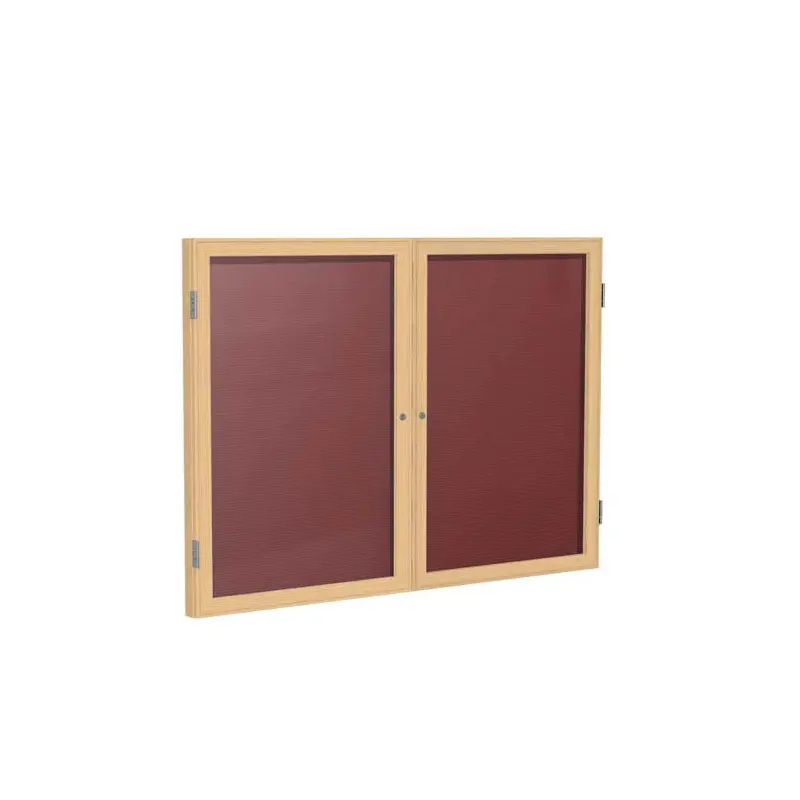60" x 48" 2-Door Wood Frame Oak Finish Enclosed Flannel Letterboard - Burgundy