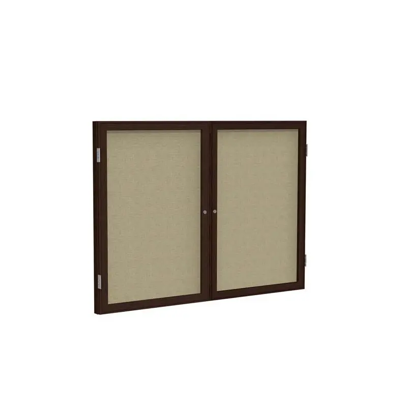 60" x 48" 2-Door Wood Frame Walnut Finish Enclosed Fabric Tackboard - Beige