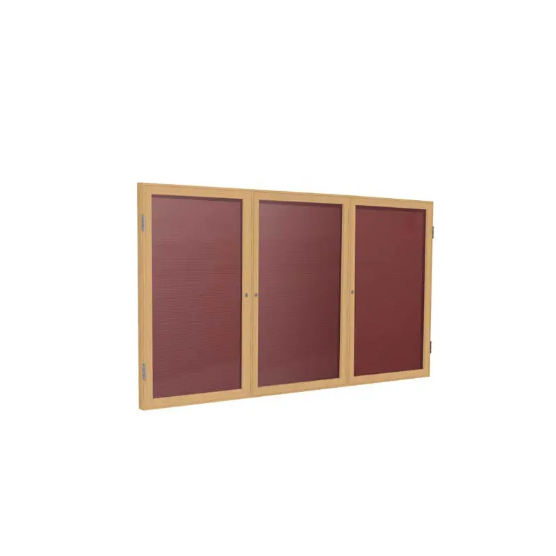 72" x 36" 3-Door Wood Frame Oak Finish Enclosed Flannel Letterboard - Burgundy