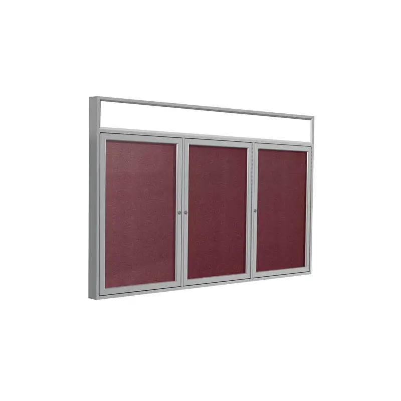 72" x 48" 3-Door Satin Alum Frame w/ Headliner Enclosed Vinyl Tackboard - Berry