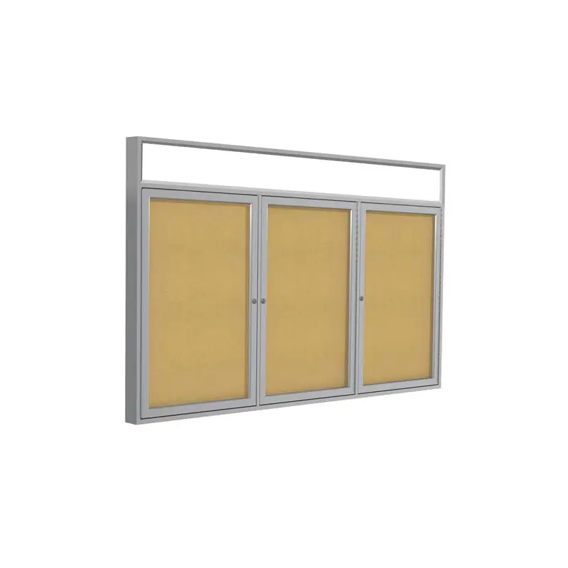 72" x 48" 3-Door Satin Alum Frame w/ Illuminated Headliner Enclosed Tackboard - Natural Cork