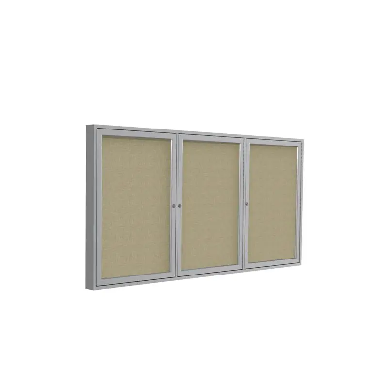 72" x 48" 3-Door Satin Aluminum Frame Enclosed Fabric Tackboard - Beige