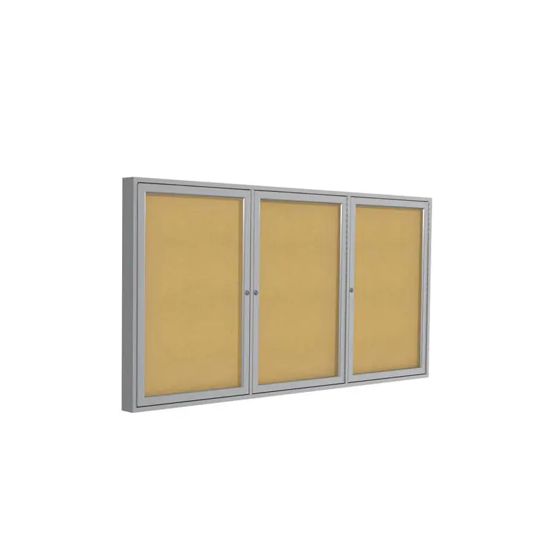 72" x 48" 3-Door Satin Aluminum Frame Enclosed Tackboard - Natural Cork