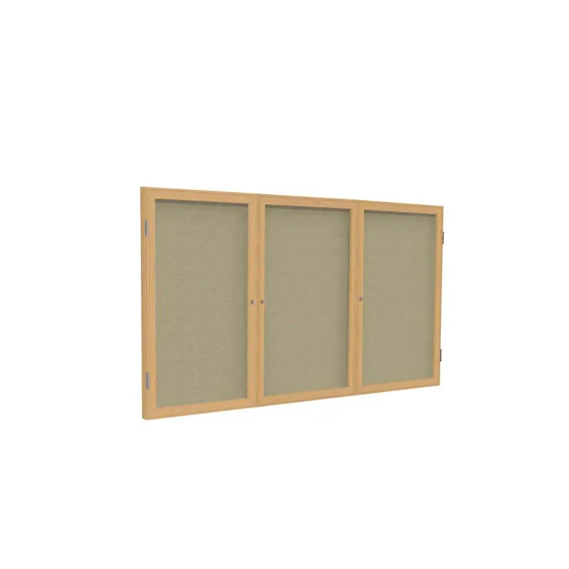 72" x 48" 3-Door Wood Frame Oak Finish Enclosed Fabric Tackboard - Beige