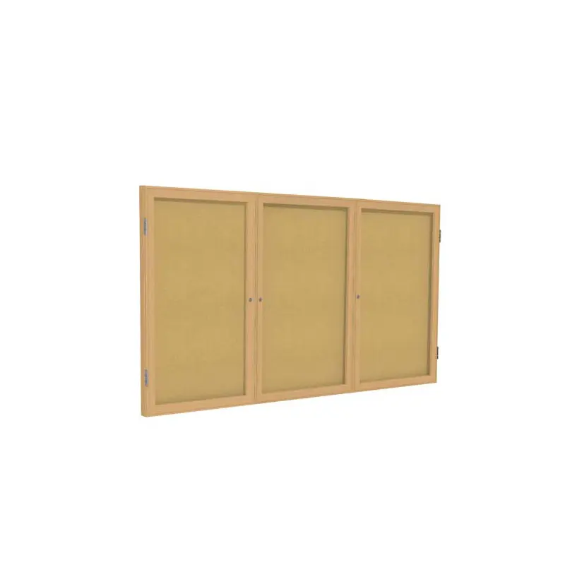 72" x 48" 3-Door Wood Frame Oak Finish Enclosed Tackboard - Natural Cork