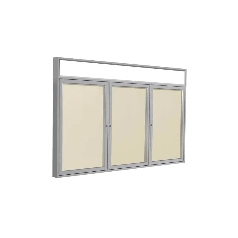 96" x 48" 3-Door Satin Alum Frame w/Illuminated Headliner Enclsd Vinyl Tackboard - Ivory