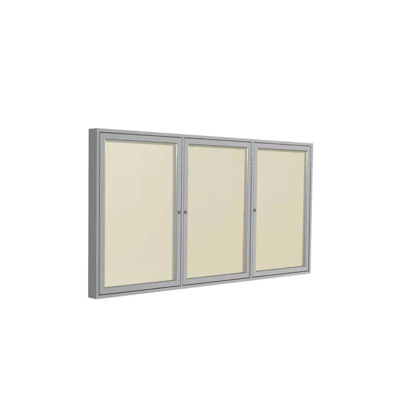 96" x 48" 3-Door Satin Aluminum Frame Enclosed Vinyl Tackboard - Ivory