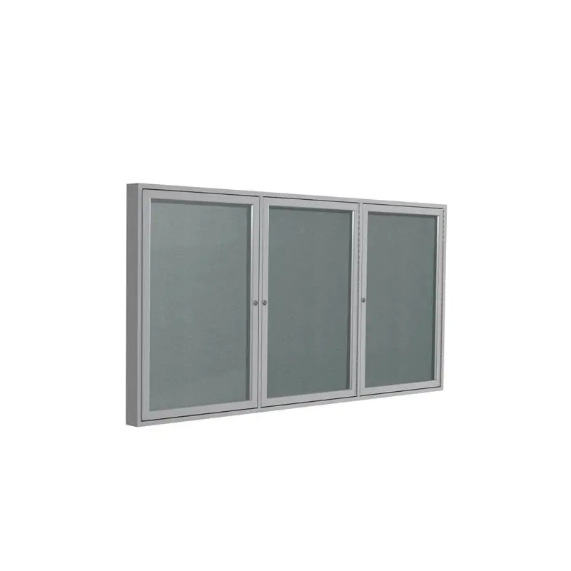96" x 48" 3-Door Satin Aluminum Frame Enclosed Vinyl Tackboard - Stone