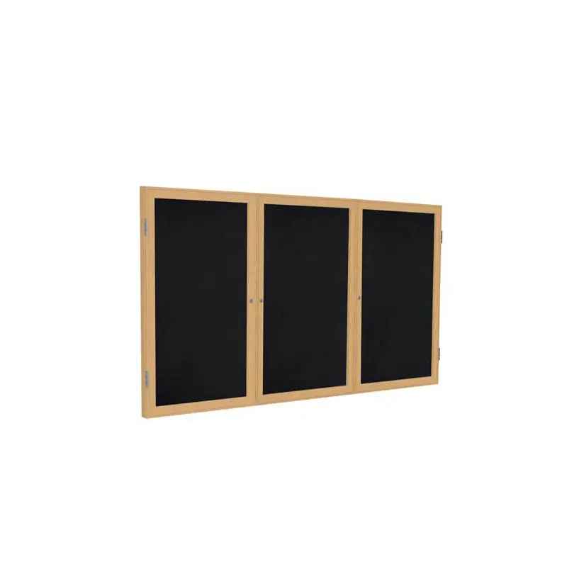 96" x 48" 3-Door Wood Frame Oak Finish Enclosed Recycled Rubber Tackboard - Black