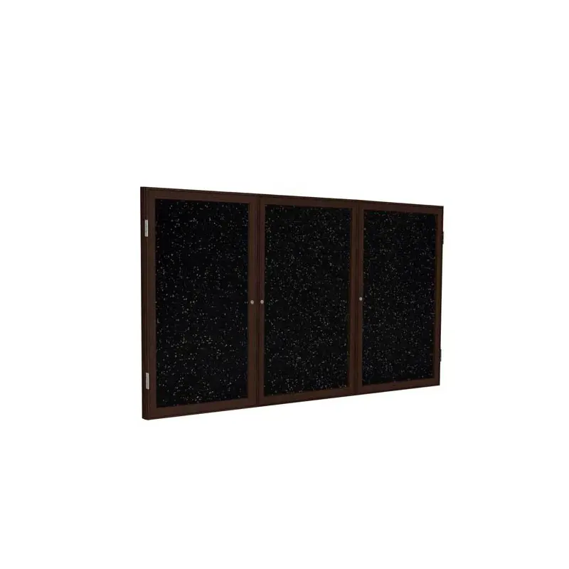 96" x 48" 3-Door Wood Frame Walnut Finish Enclosed Recycled Rubber Tackboard - Tan Speckled