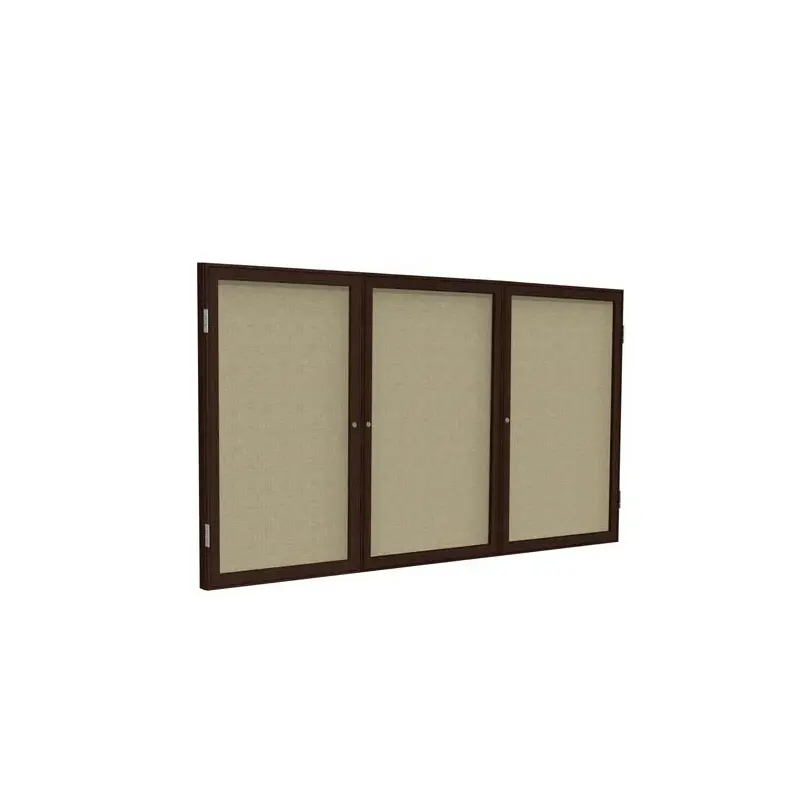 72" x 36" 3-Door Wood Frame Walnut Finish Enclosed Fabric Tackboard - Beige
