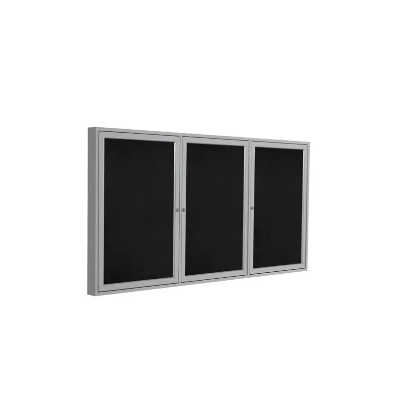 72" x 48" 3-Door Satin Aluminum Frame Enclosed Recycled Rubber Tackboard - Black