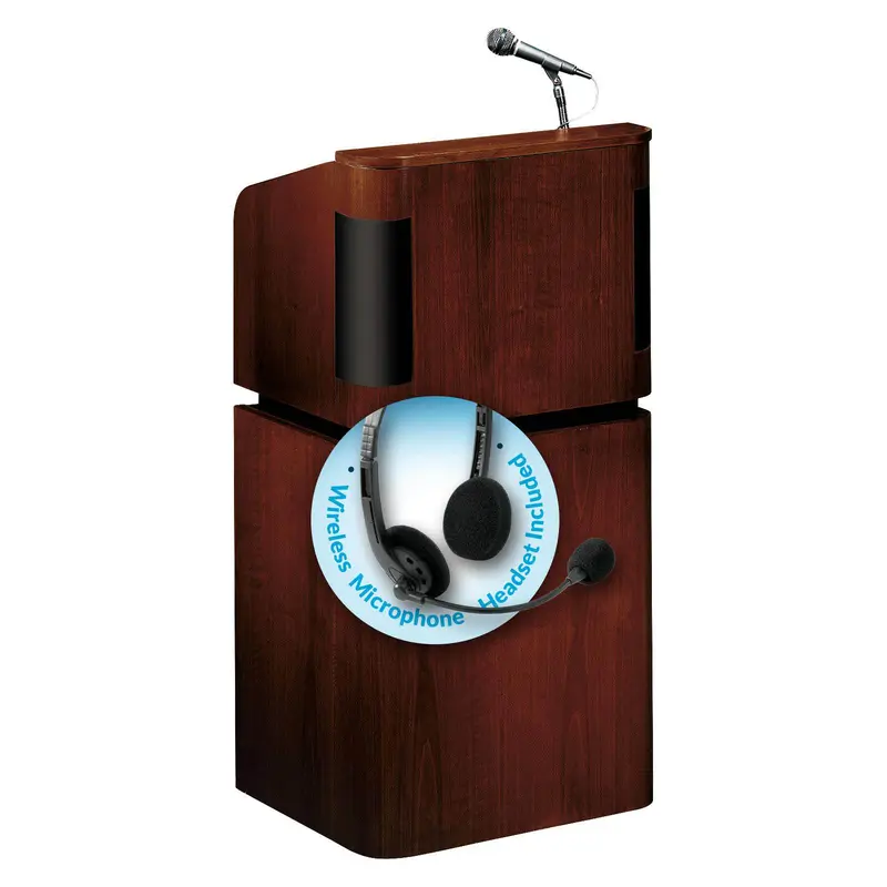 Tabletop & Base Combo Sound Lectern (Mahogany on Walnut) with headset wireless mic