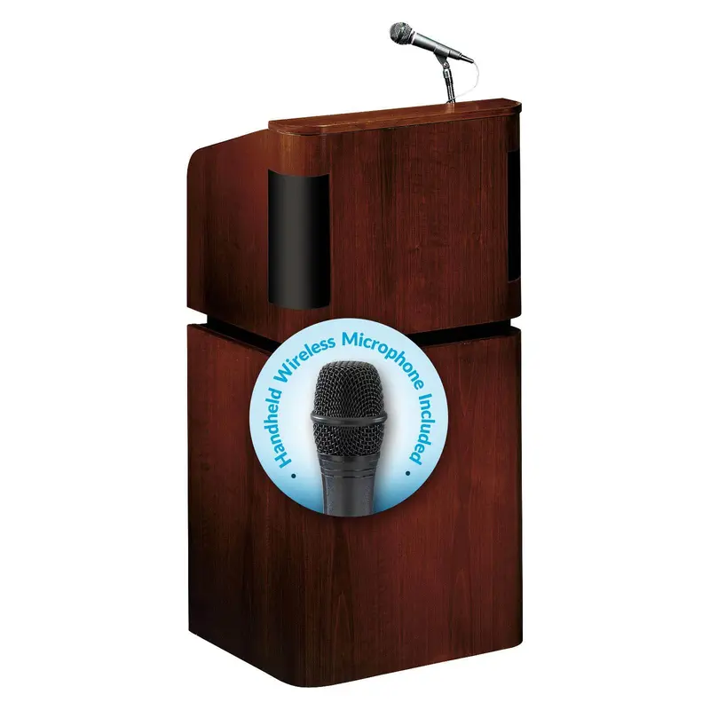 Tabletop & Base Combo Sound Lectern (Mahogany on Walnut) with wireless handheld mic