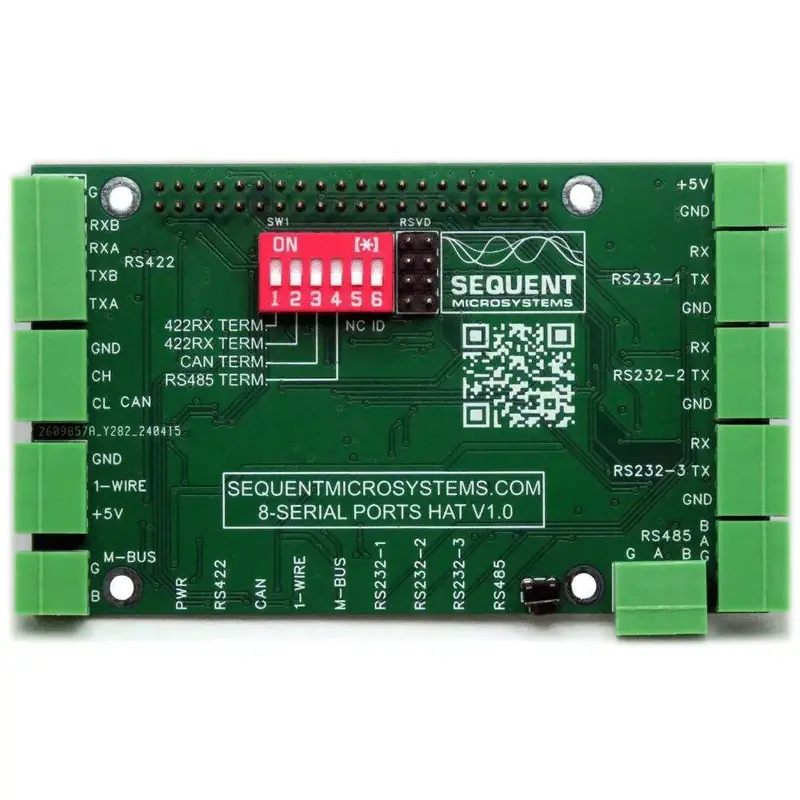 Sequent Microsystems 8 Serial Ports 2-Layer Stackable HAT for Raspberry Pi (Compatible w/ Raspberry Pi versions 3 to 5)