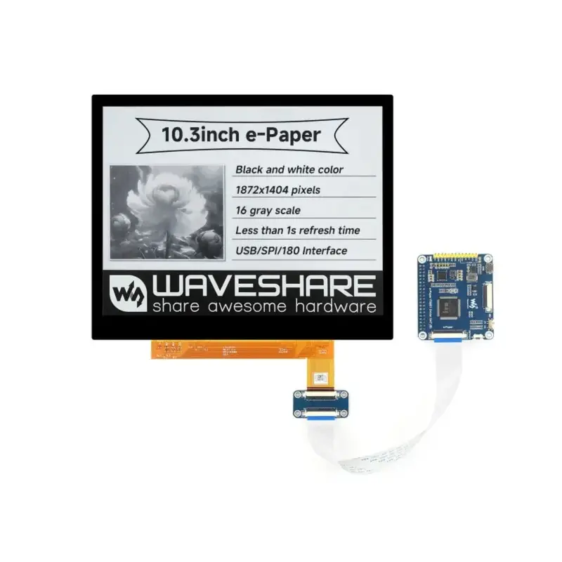 Waveshare 10.3" e-Paper E-Ink Display (G), 18721404 Pixels, Black/White, 2-16 Grey Scales (HAT Included)