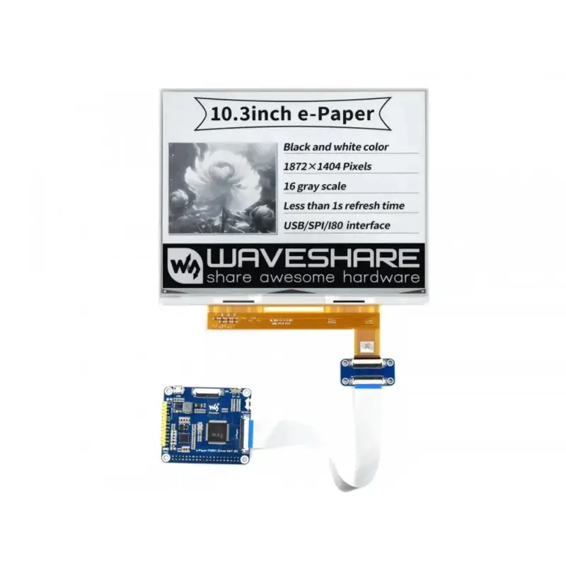 Waveshare 10.3" e-Paper E-Ink Display HAT for Raspberry Pi, 18721404, Black/White, 16 Grey Scales, USB/SPI/I80